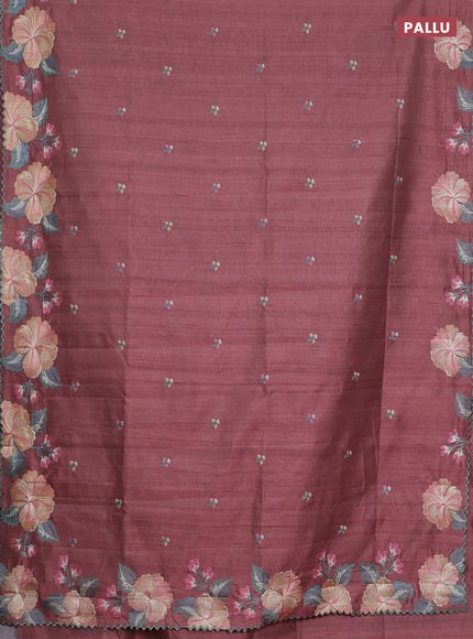 Semi raw silk saree brown shade with embroidery work buttas and floral embroidery border