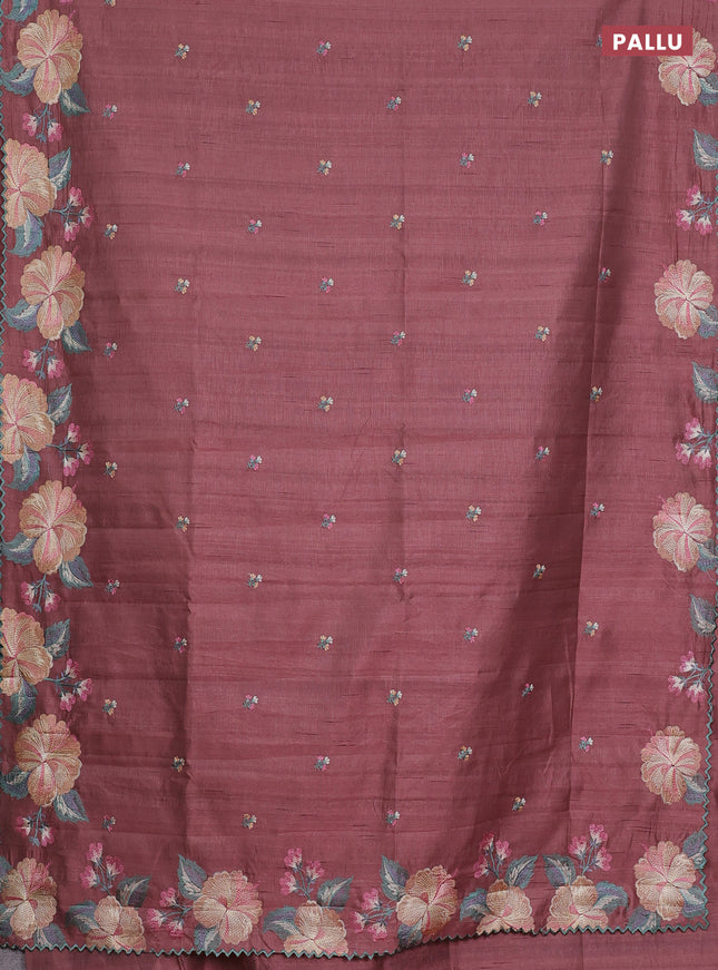 Semi raw silk saree brown shade with embroidery work buttas and floral embroidery border
