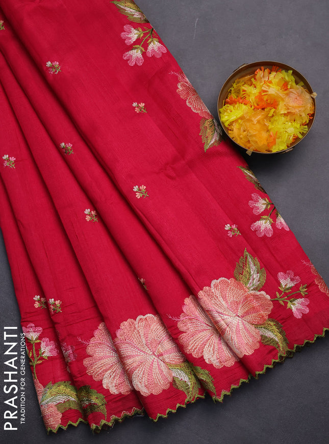Semi raw silk saree dark pink with embroidery work buttas and floral embroidery border