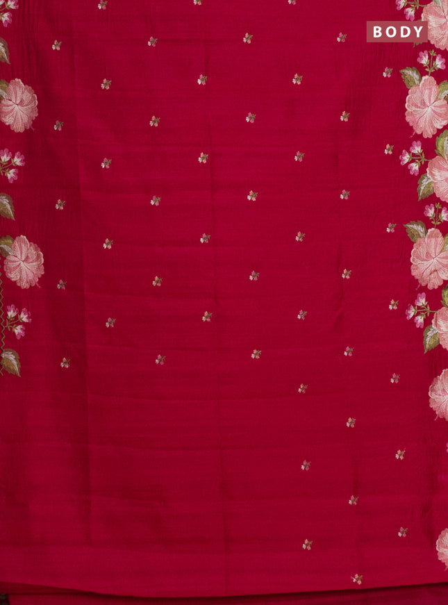 Semi raw silk saree dark pink with embroidery work buttas and floral embroidery border
