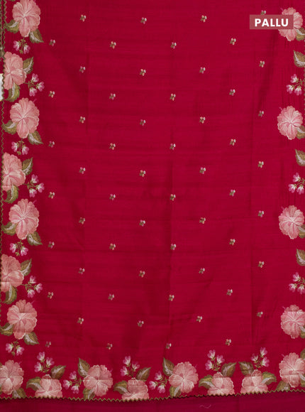 Semi raw silk saree dark pink with embroidery work buttas and floral embroidery border