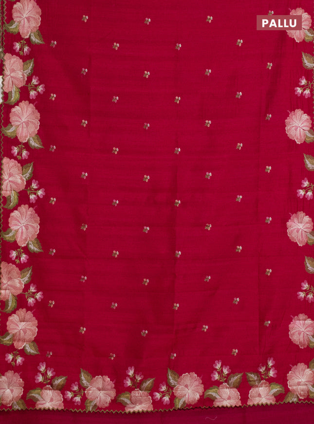 Semi raw silk saree dark pink with embroidery work buttas and floral embroidery border