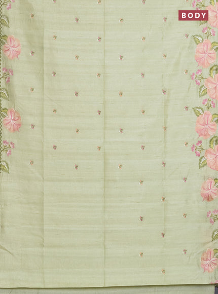 Semi raw silk saree pista green with embroidery work buttas and floral embroidery border