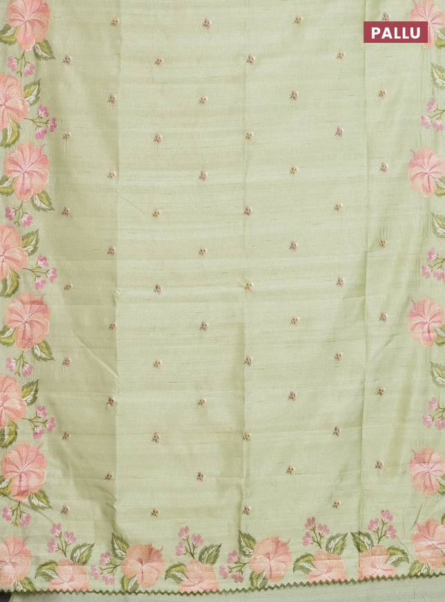 Semi raw silk saree pista green with embroidery work buttas and floral embroidery border