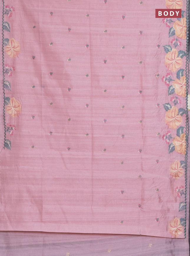 Semi raw silk saree peach shade with embroidery work buttas and floral embroidery border
