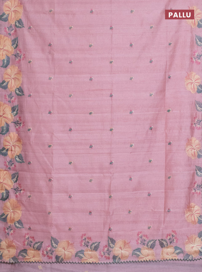 Semi raw silk saree peach shade with embroidery work buttas and floral embroidery border