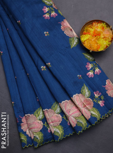 Semi raw silk saree peacock blue with embroidery work buttas and floral embroidery border