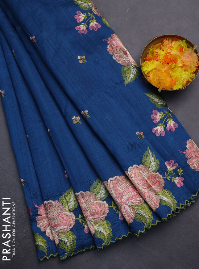 Semi raw silk saree peacock blue with embroidery work buttas and floral embroidery border