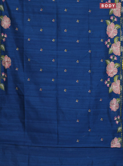 Semi raw silk saree peacock blue with embroidery work buttas and floral embroidery border