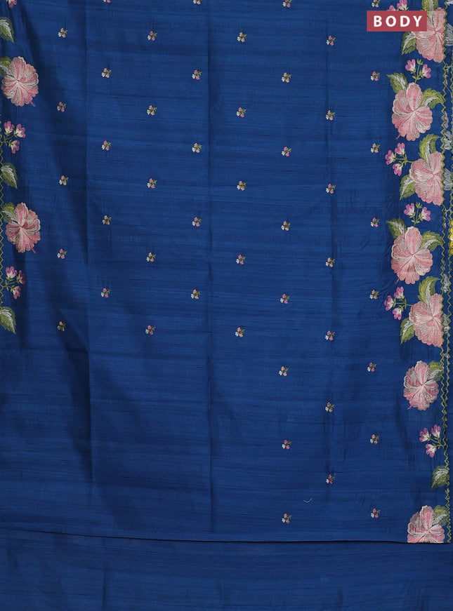 Semi raw silk saree peacock blue with embroidery work buttas and floral embroidery border