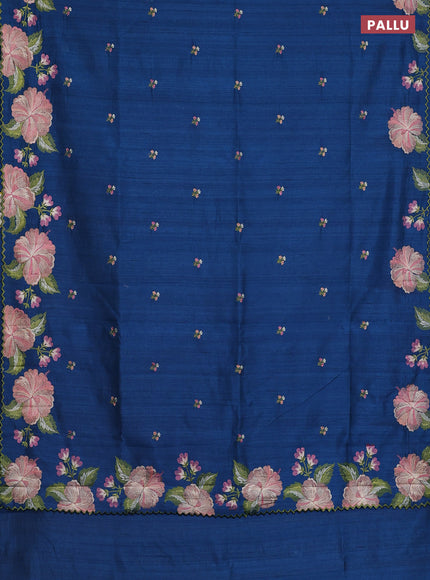 Semi raw silk saree peacock blue with embroidery work buttas and floral embroidery border