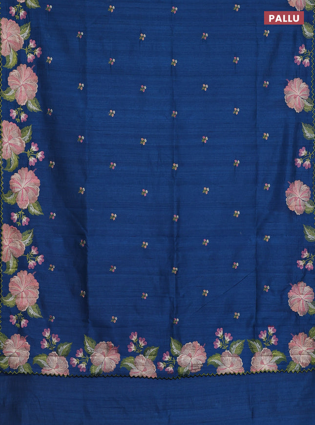 Semi raw silk saree peacock blue with embroidery work buttas and floral embroidery border