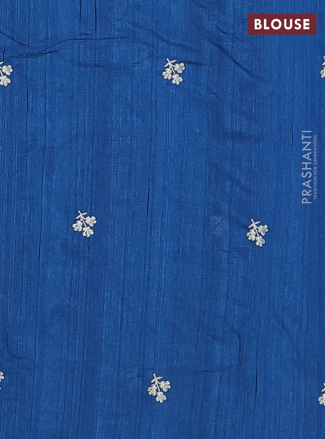 Semi raw silk saree peacock blue with embroidery work buttas and floral embroidery border