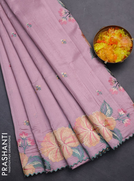 Semi raw silk saree pastel pink with embroidery work buttas and floral embroidery border
