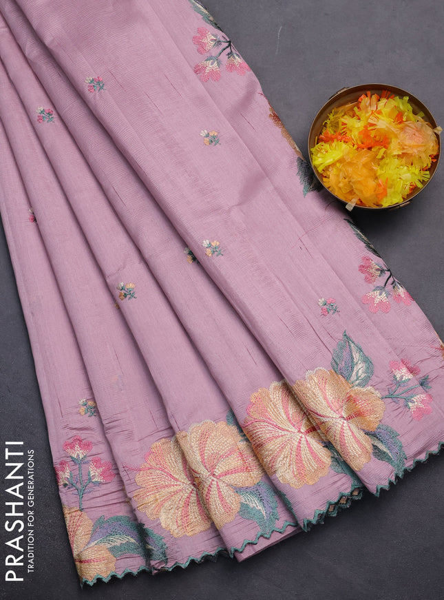 Semi raw silk saree pastel pink with embroidery work buttas and floral embroidery border