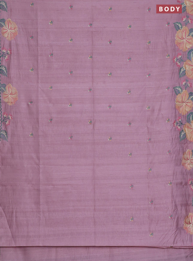 Semi raw silk saree pastel pink with embroidery work buttas and floral embroidery border