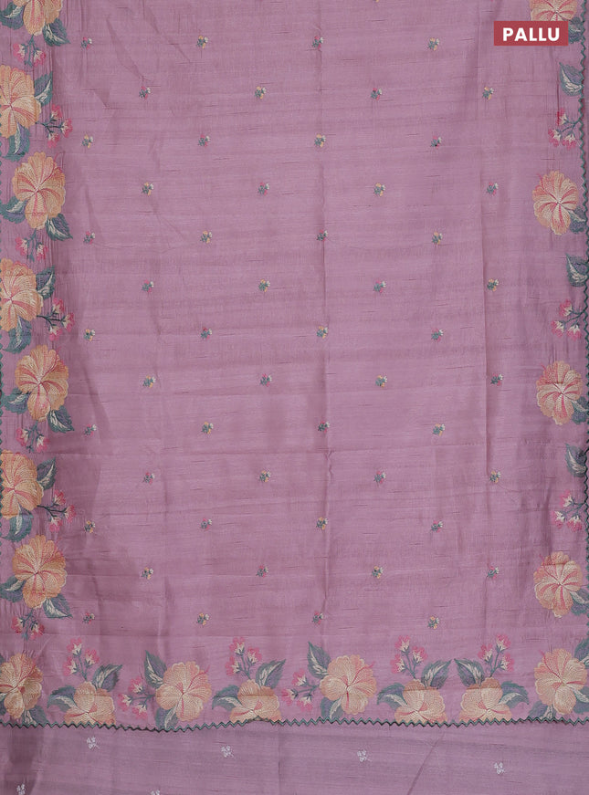 Semi raw silk saree pastel pink with embroidery work buttas and floral embroidery border