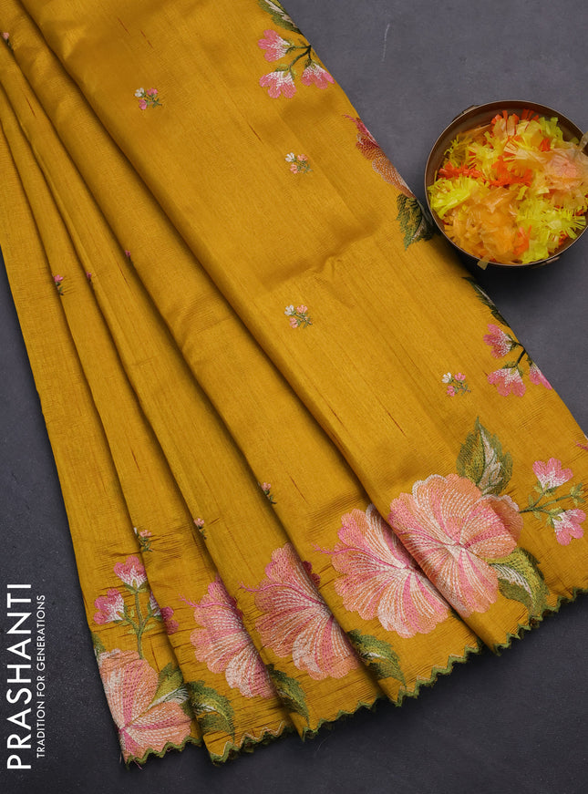Semi raw silk saree mustard yellow with embroidery work buttas and floral embroidery border