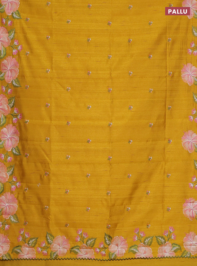 Semi raw silk saree mustard yellow with embroidery work buttas and floral embroidery border