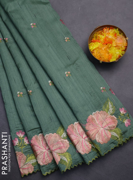 Semi raw silk saree green shade with embroidery work buttas and floral embroidery border