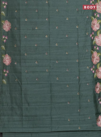 Semi raw silk saree green shade with embroidery work buttas and floral embroidery border