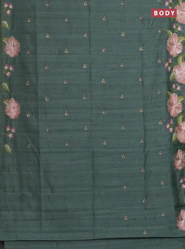 Semi raw silk saree green shade with embroidery work buttas and floral embroidery border