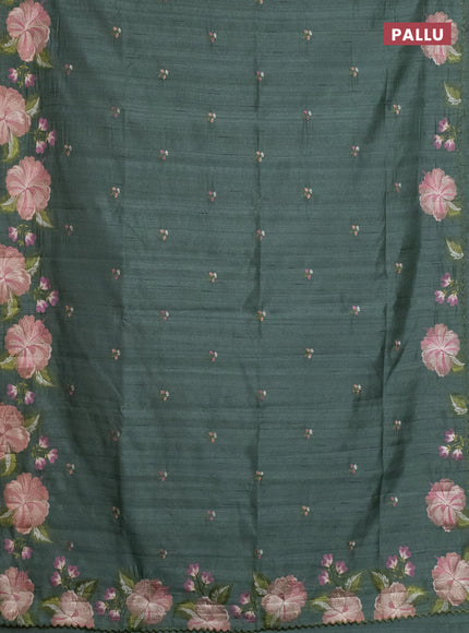 Semi raw silk saree green shade with embroidery work buttas and floral embroidery border
