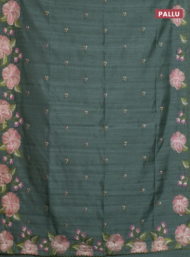 Semi raw silk saree green shade with embroidery work buttas and floral embroidery border