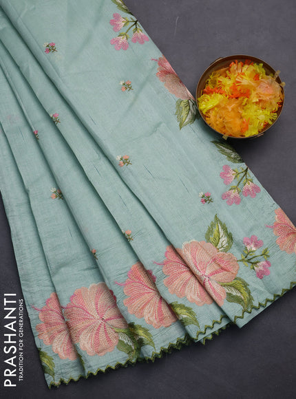 Semi raw silk saree pastel green with embroidery work buttas and floral embroidery border