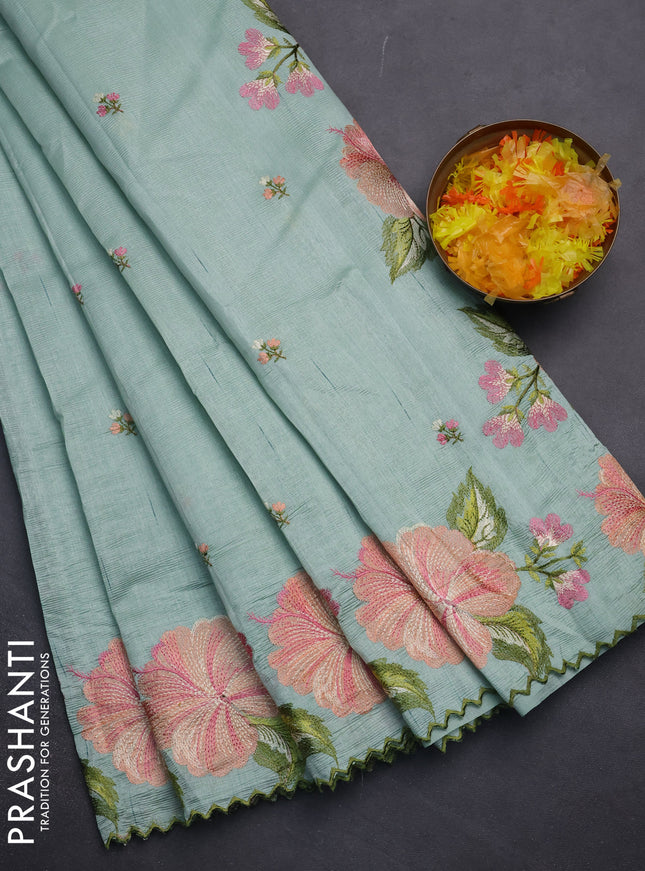 Semi raw silk saree pastel green with embroidery work buttas and floral embroidery border
