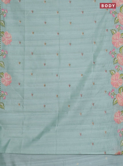 Semi raw silk saree pastel green with embroidery work buttas and floral embroidery border