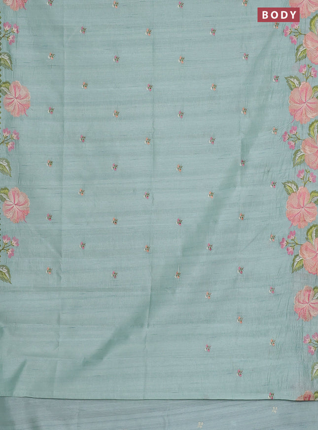 Semi raw silk saree pastel green with embroidery work buttas and floral embroidery border