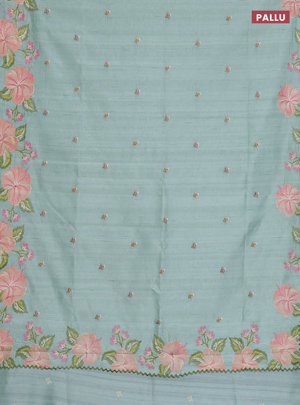 Semi raw silk saree pastel green with embroidery work buttas and floral embroidery border