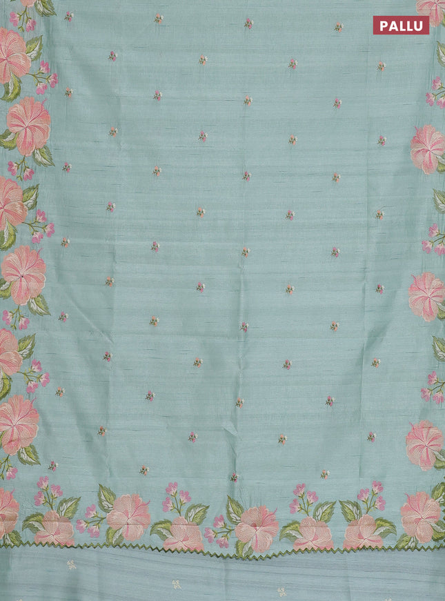 Semi raw silk saree pastel green with embroidery work buttas and floral embroidery border