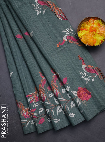 Semi raw silk saree greyish green with embroidery work buttas and peacock embroidery border