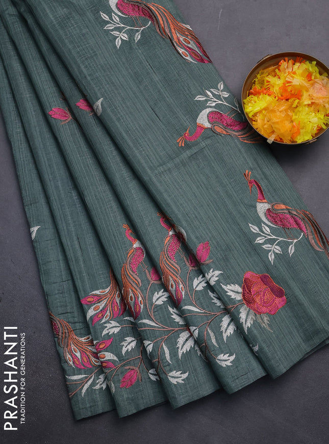 Semi raw silk saree greyish green with embroidery work buttas and peacock embroidery border