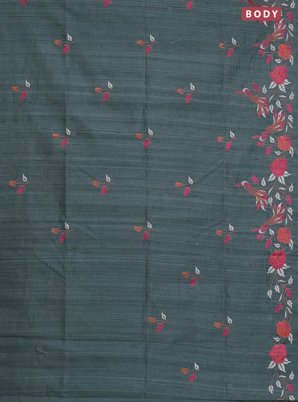 Semi raw silk saree greyish green with embroidery work buttas and peacock embroidery border