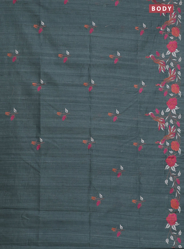 Semi raw silk saree greyish green with embroidery work buttas and peacock embroidery border
