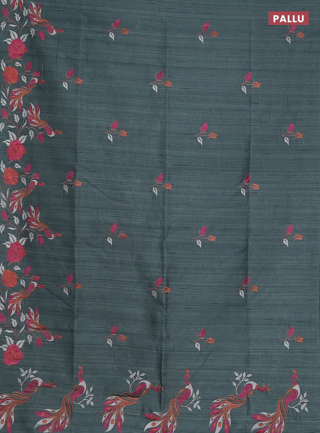 Semi raw silk saree greyish green with embroidery work buttas and peacock embroidery border