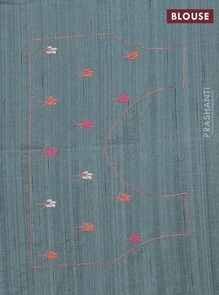 Semi raw silk saree greyish green with embroidery work buttas and peacock embroidery border