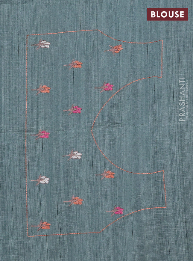 Semi raw silk saree greyish green with embroidery work buttas and peacock embroidery border