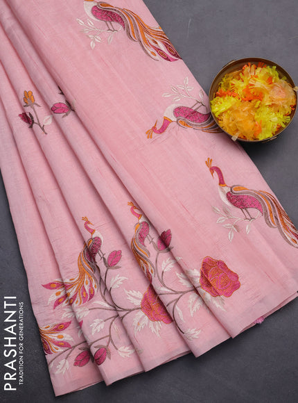 Semi raw silk saree peach shade with embroidery work buttas and peacock embroidery border