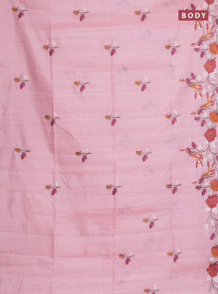 Semi raw silk saree peach shade with embroidery work buttas and peacock embroidery border