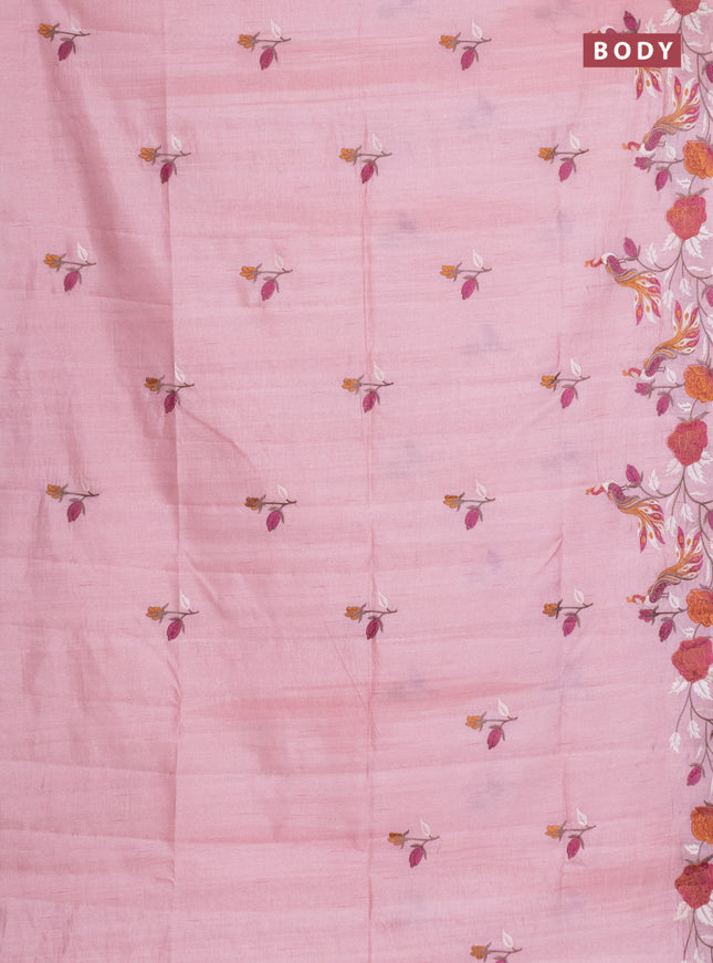 Semi raw silk saree peach shade with embroidery work buttas and peacock embroidery border