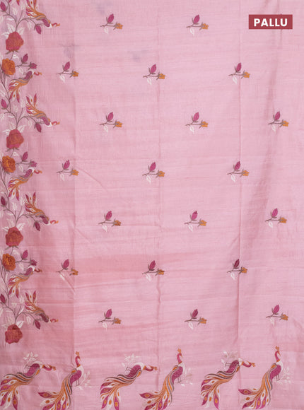 Semi raw silk saree peach shade with embroidery work buttas and peacock embroidery border