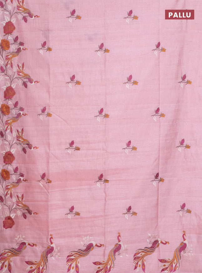 Semi raw silk saree peach shade with embroidery work buttas and peacock embroidery border
