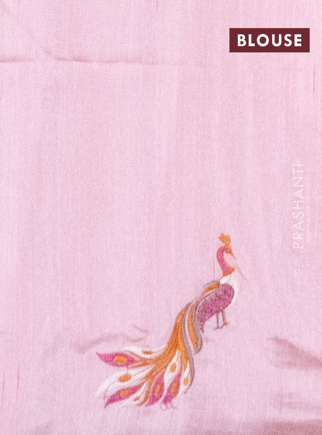 Semi raw silk saree peach shade with embroidery work buttas and peacock embroidery border