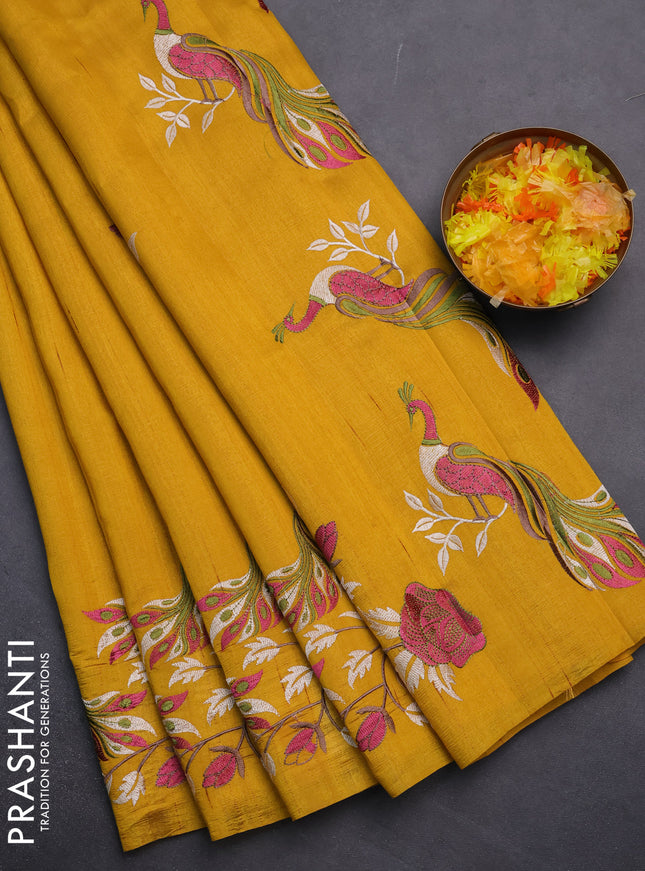 Semi raw silk saree mustard yellow with embroidery work buttas and peacock embroidery border