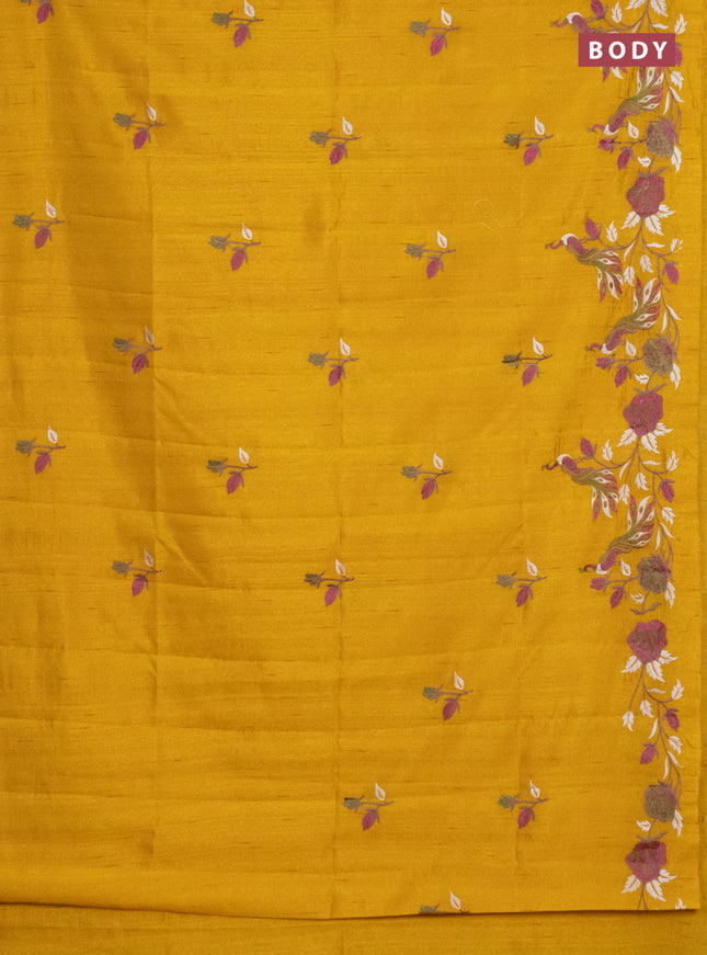 Semi raw silk saree mustard yellow with embroidery work buttas and peacock embroidery border