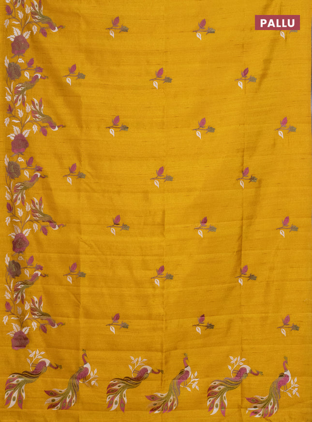 Semi raw silk saree mustard yellow with embroidery work buttas and peacock embroidery border